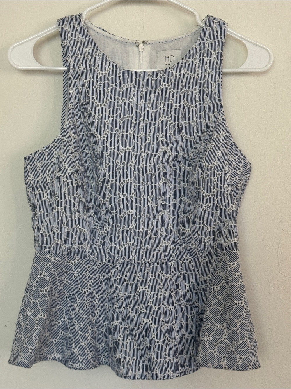 Anthropologie Blue & White Lace-Overlay Sleeveless Top, size US 4